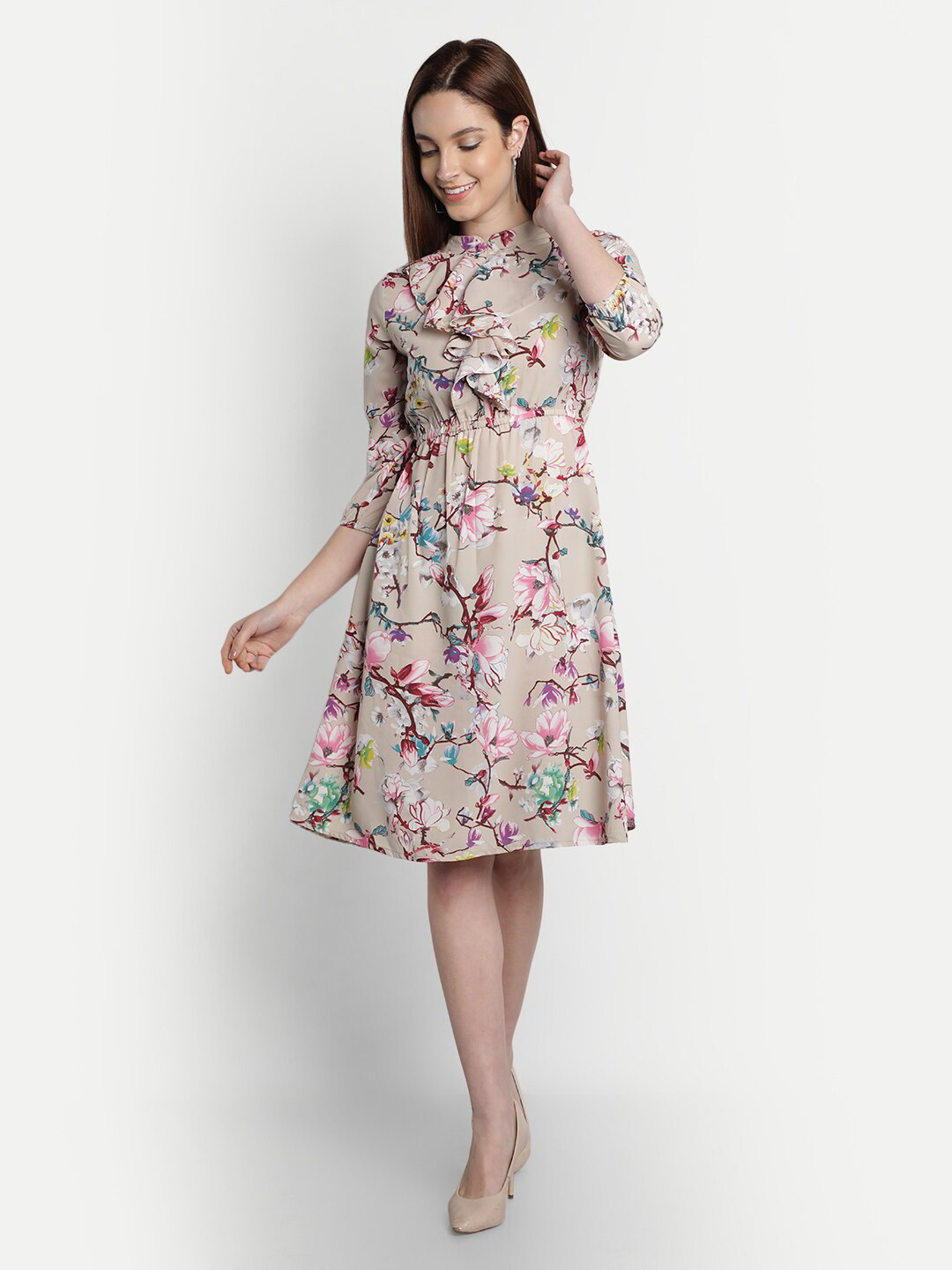 VIDE Beige & Red Floral Crepe Dress