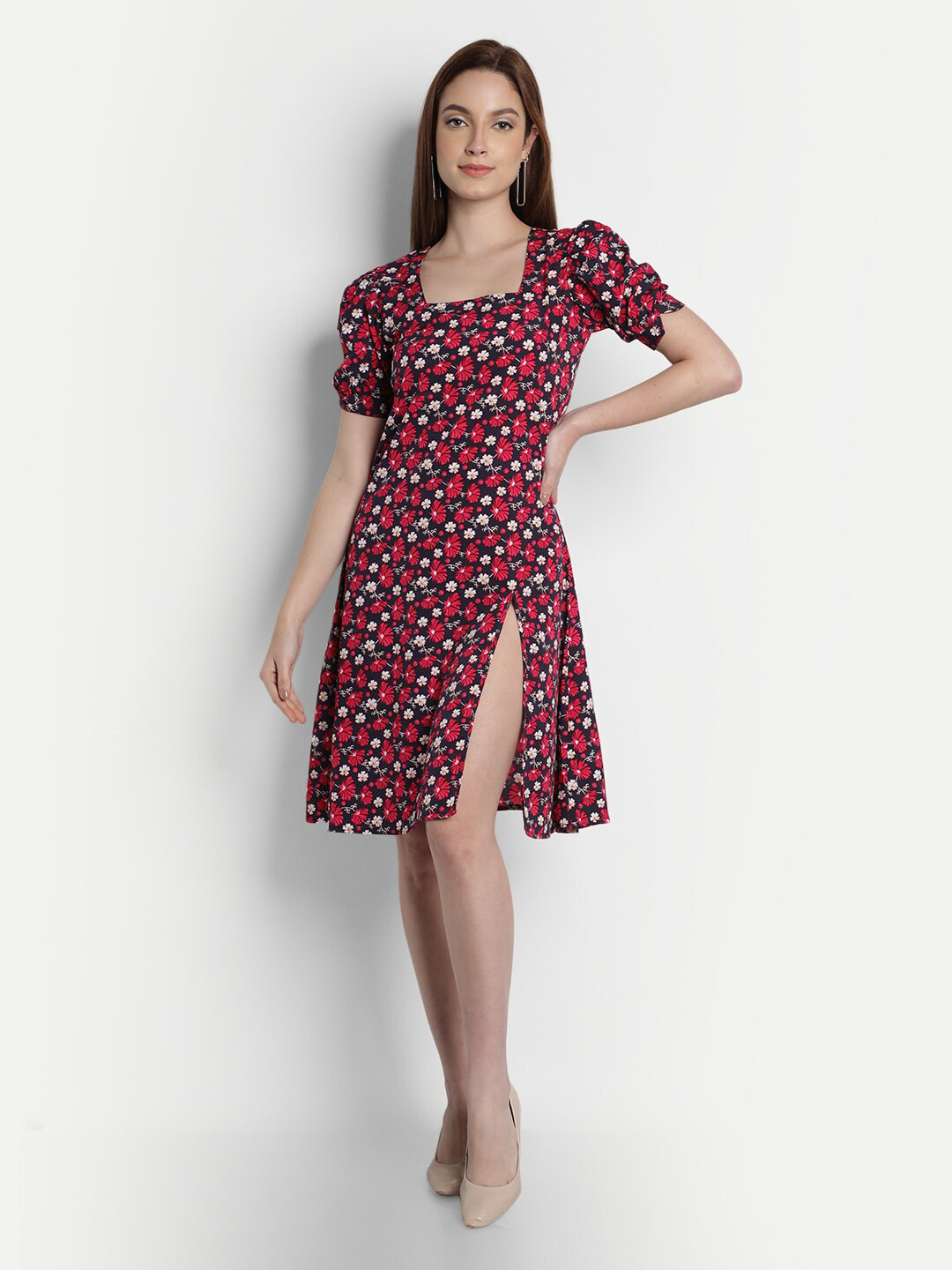 VIDE Women Red Floral Crepe Dress