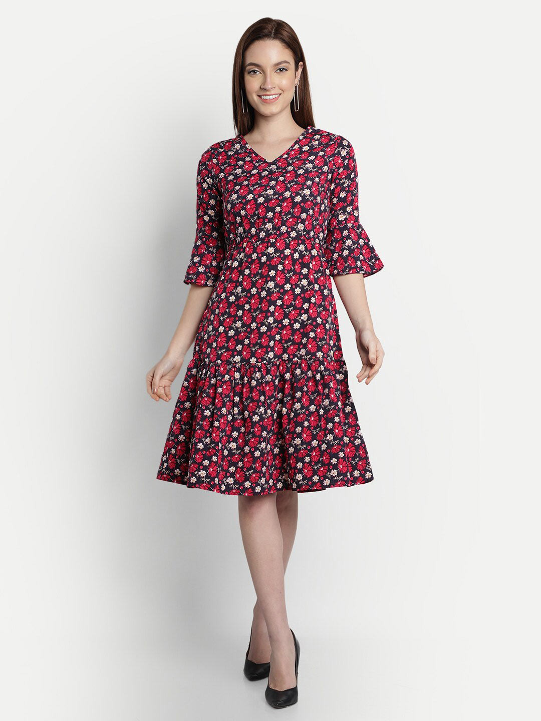 VIDE Women Red Floral Crepe Dress