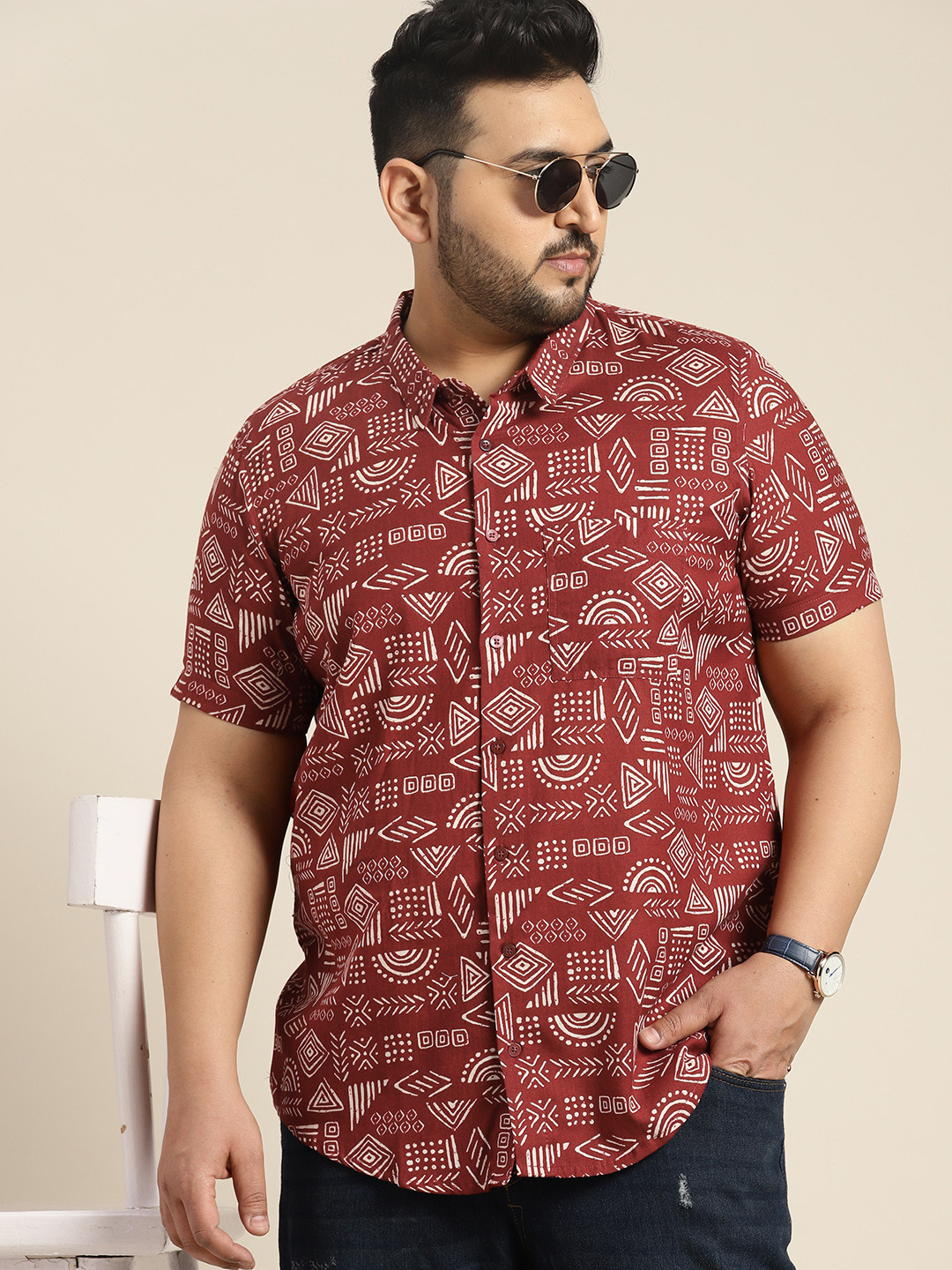 Sztori Men Plus Size Cotton Linen Tribal Print Casual Shirt