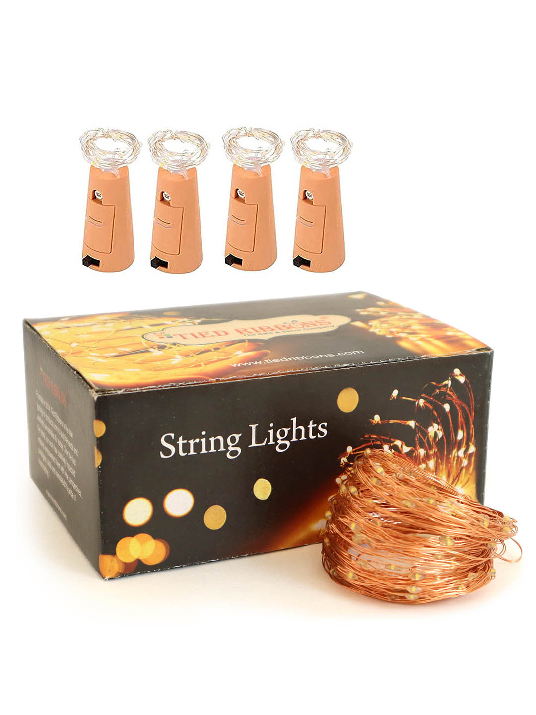 TIED RIBBONS Set Of 4 Copper Cork Gold String Lights