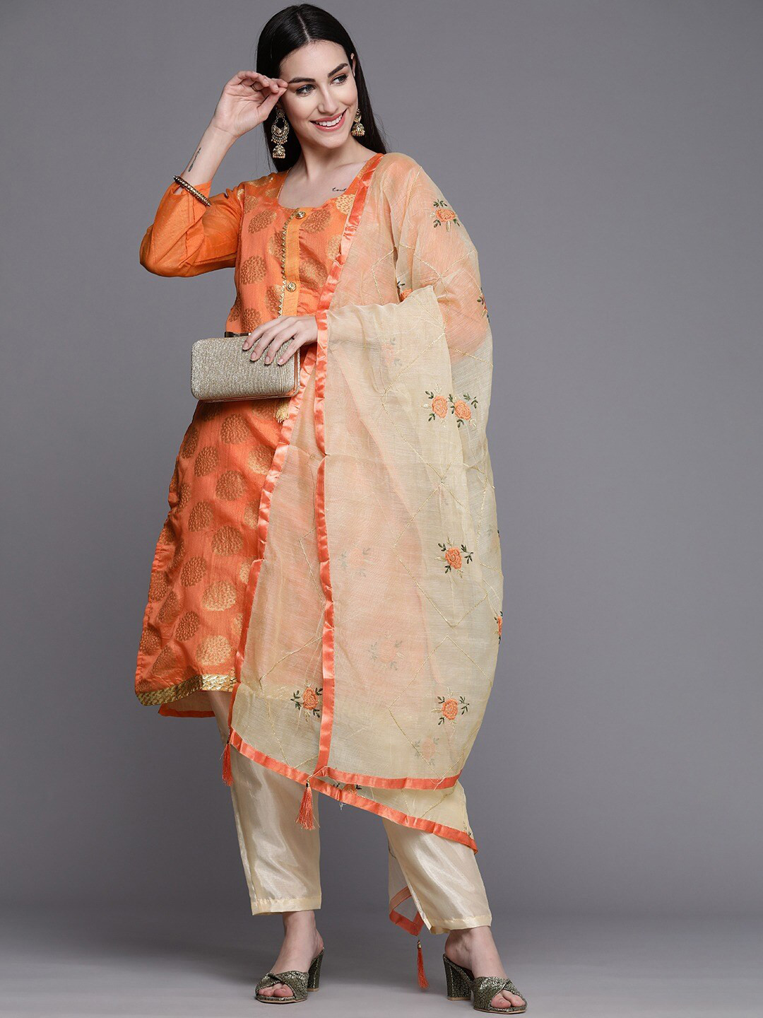 KALINI Orange & Cream-Coloured Unstitched Dress Material