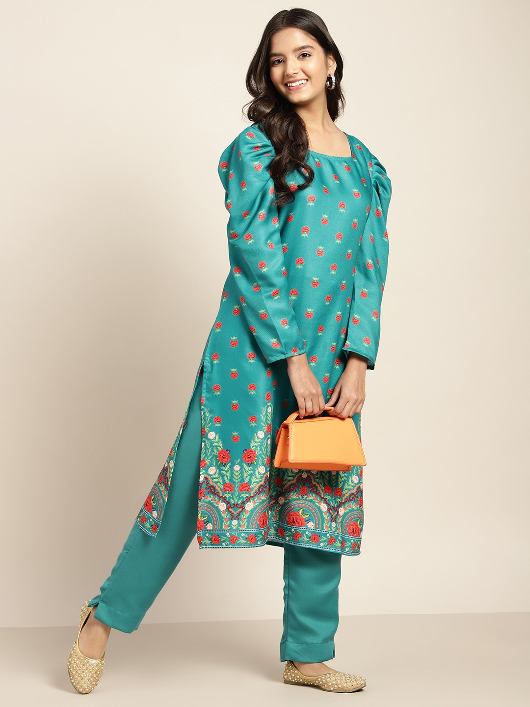 Sangria Girls Green & Red Floral Print Kurta with Trousers