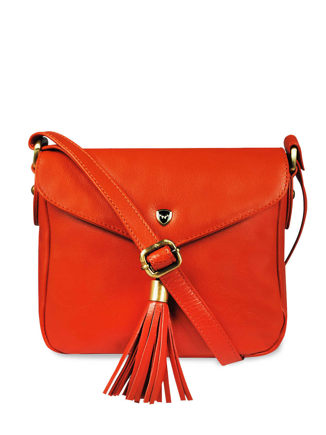 CALFNERO Women Orange Leather Structured Sling Bag with Tasselled