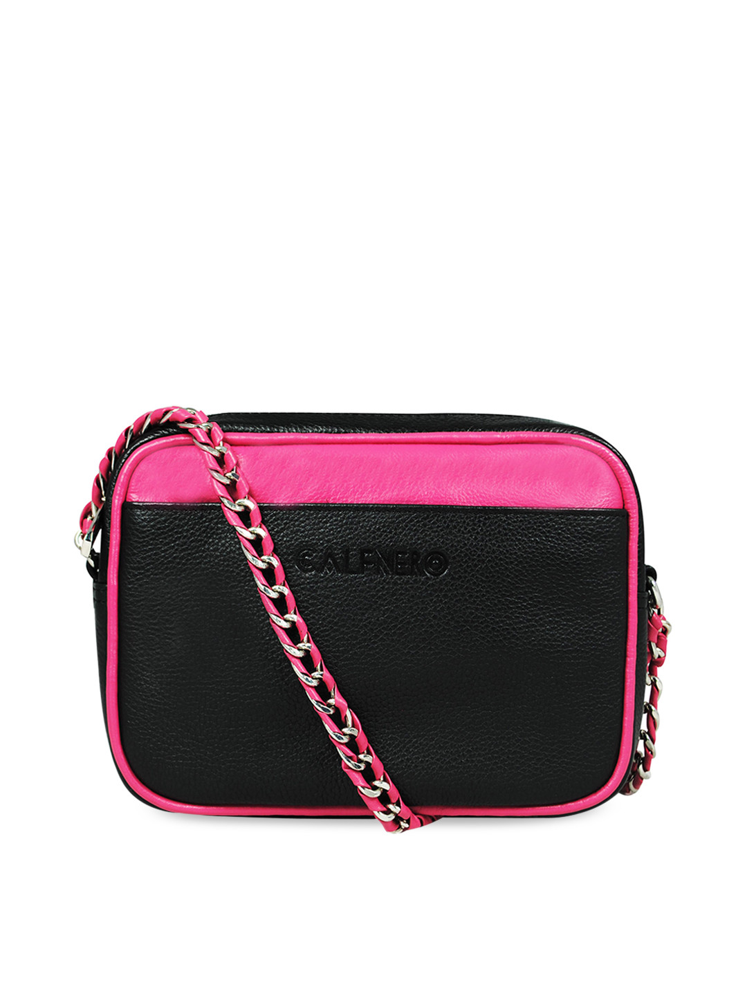 CALFNERO Black Leather Structured Sling Bag with Quilted