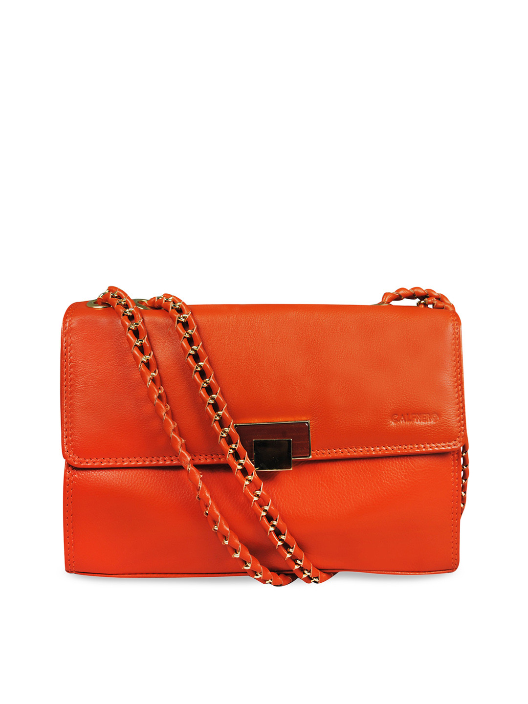 CALFNERO Women's Genuine  Orange Leather Structured Sling Bag