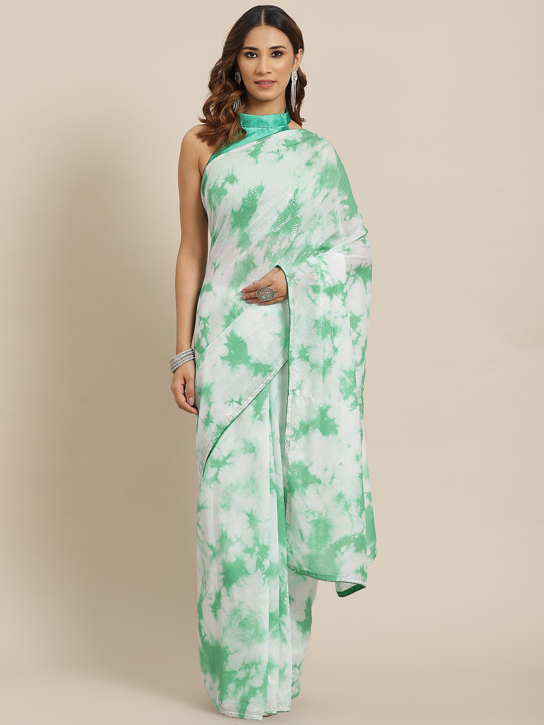 Saree mall White & Green Tie and Dye Sarees