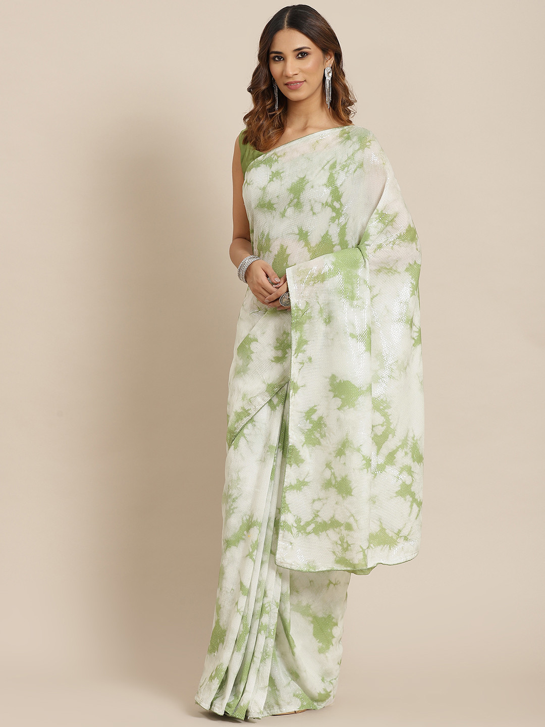 Saree mall White & Green Tie and Dye Sequinned Sarees