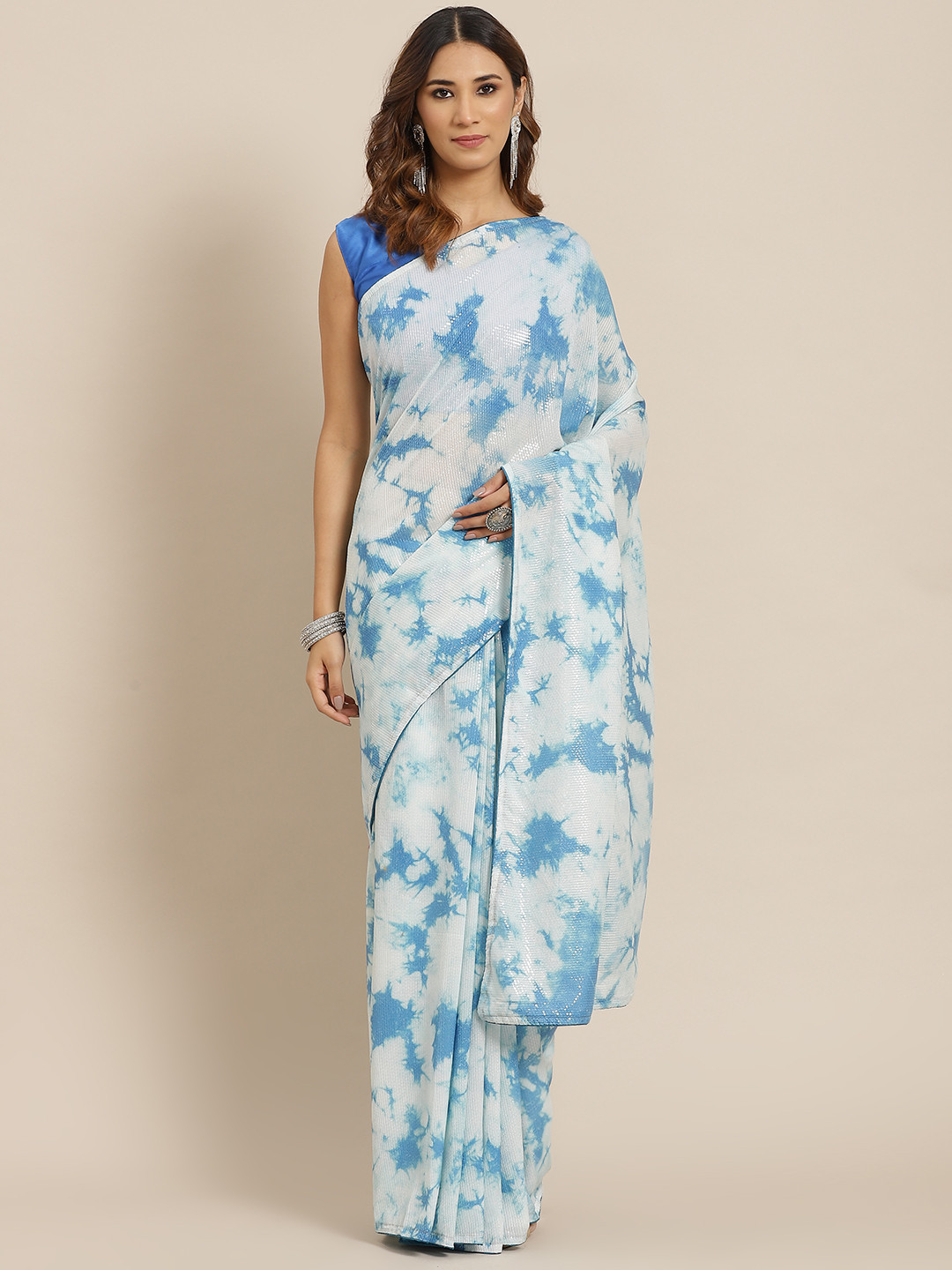 Saree mall White & Blue Tie and Dye Sarees