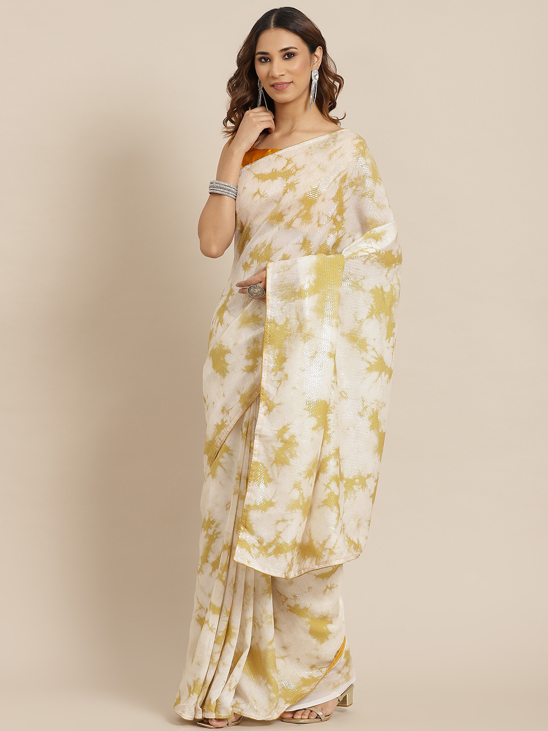 Saree mall Mustard Yellow & Off White Tie and Dye Sequinned Sarees