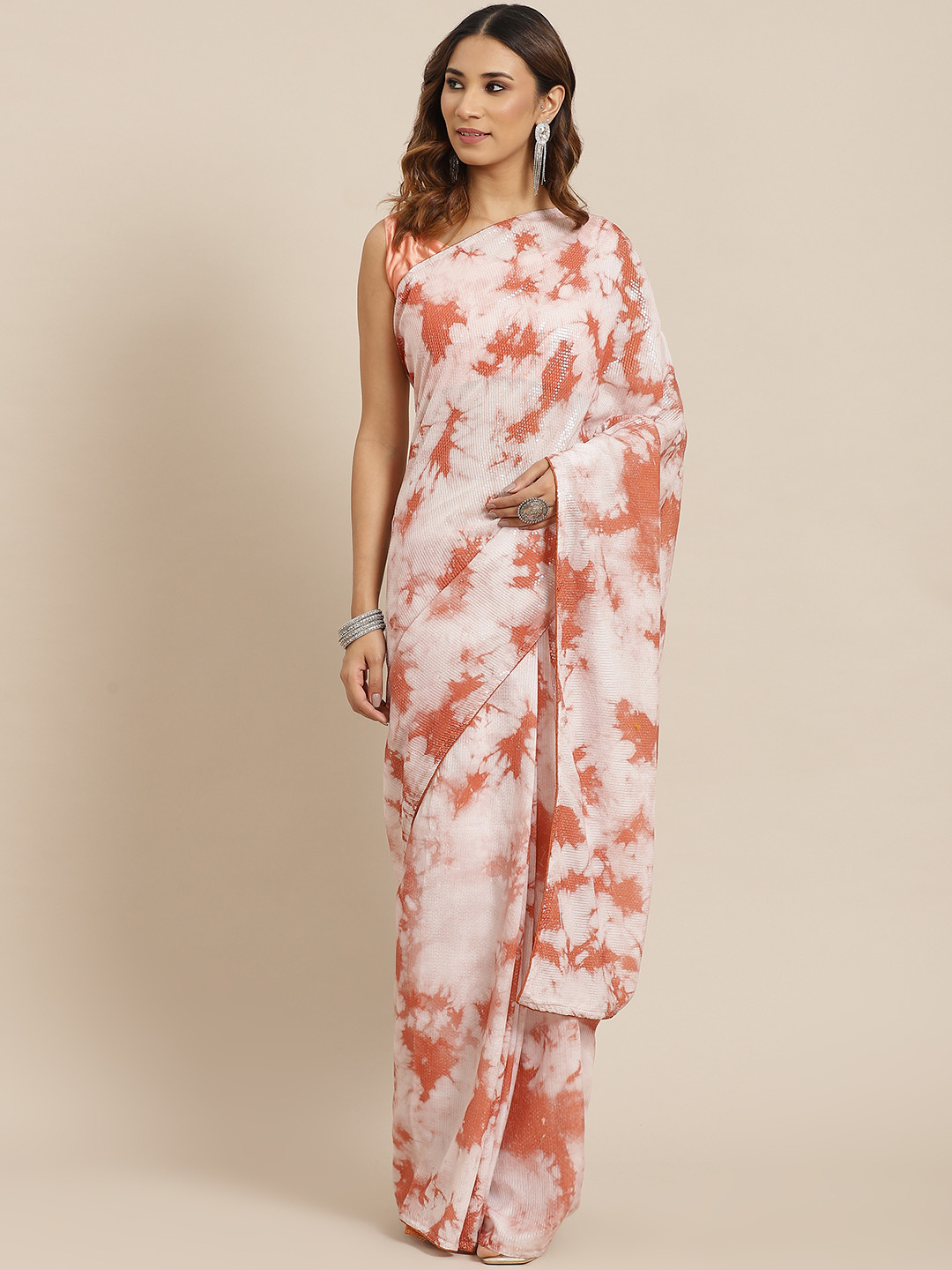 Saree mall White & Rust Orange Tie and Dye Sarees