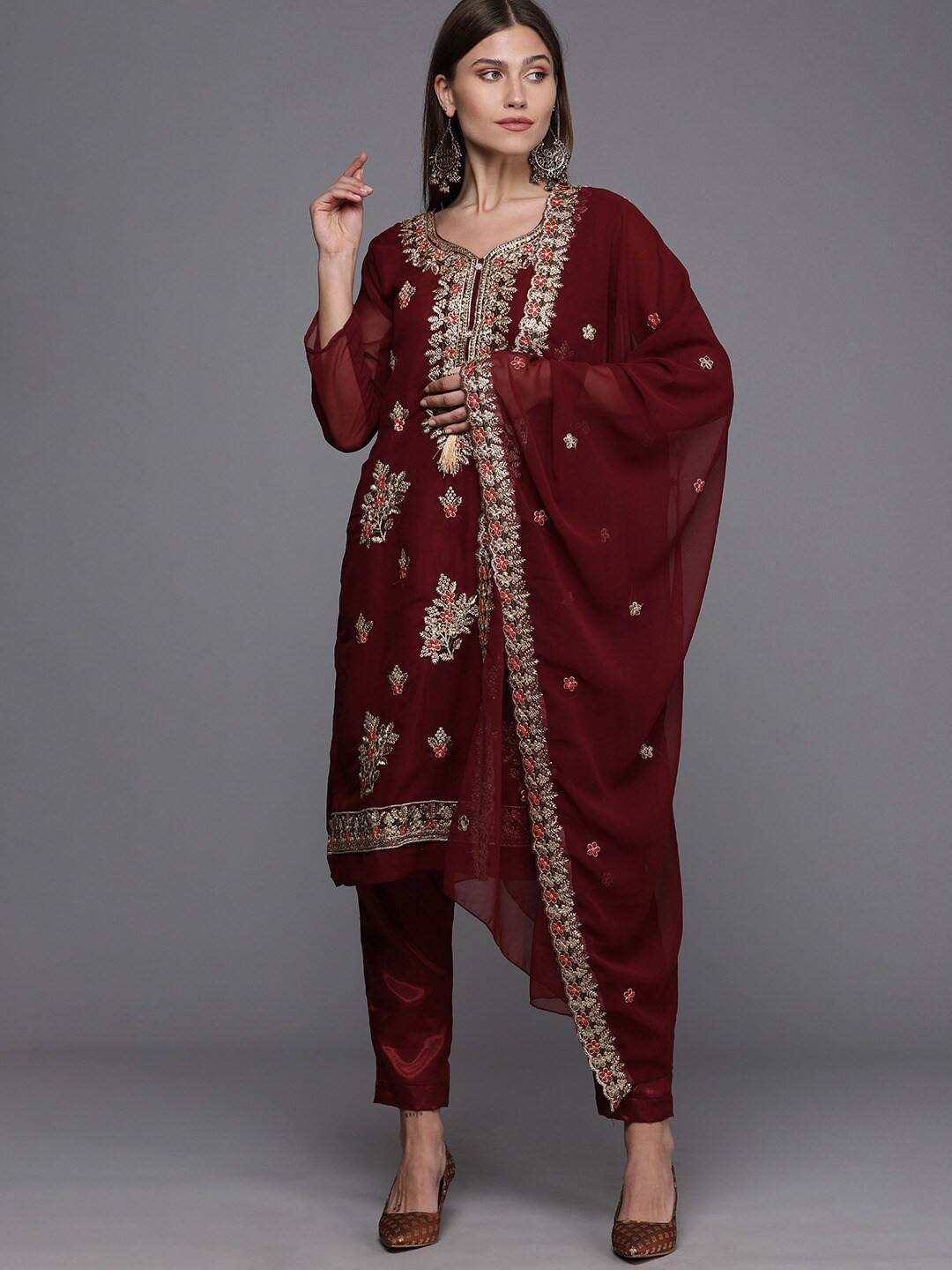 KALINI Maroon & Gold-Toned Embroidered Unstitched Dress Material
