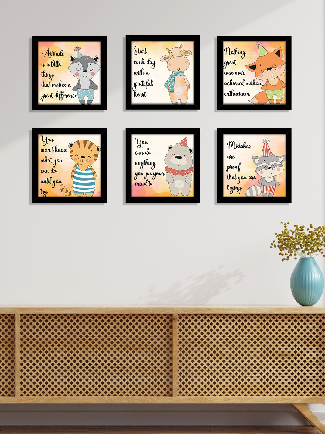 nest ART Black Set Of 6 Kids Cartoon Animals Framed Wall Art