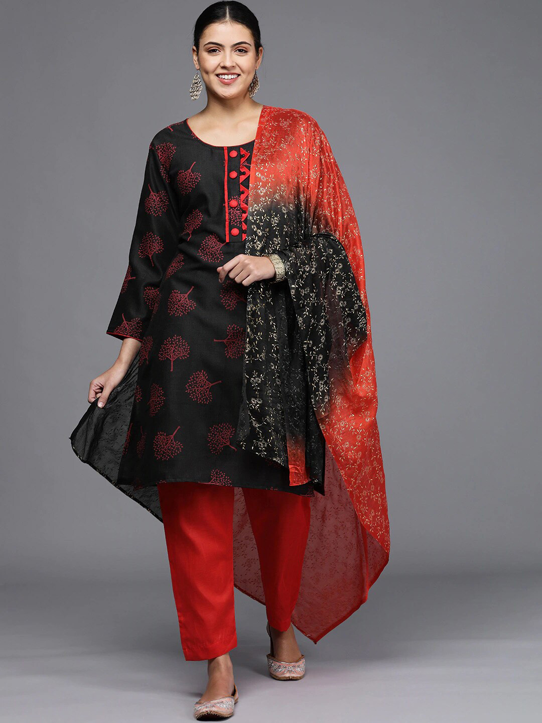 KALINI Black & Red Printed Unstitched Dress Material