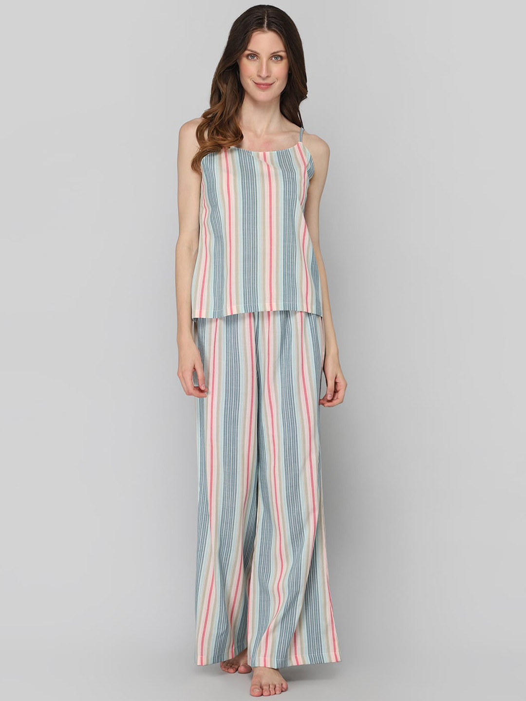 DRAPE IN VOGUE Women Green & Red Striped Night Suit