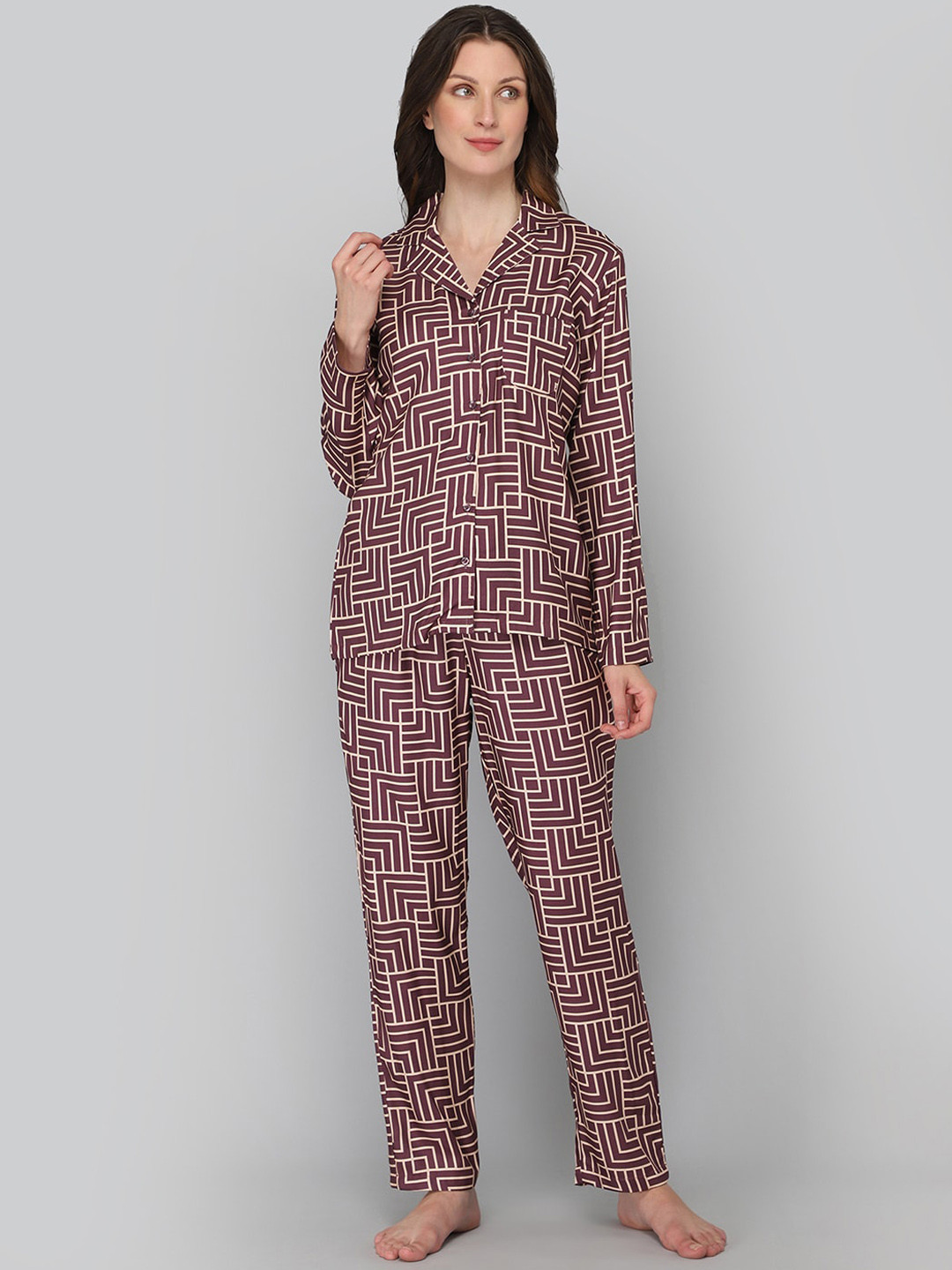 DRAPE IN VOGUE Women Maroon & Beige Printed Night suit