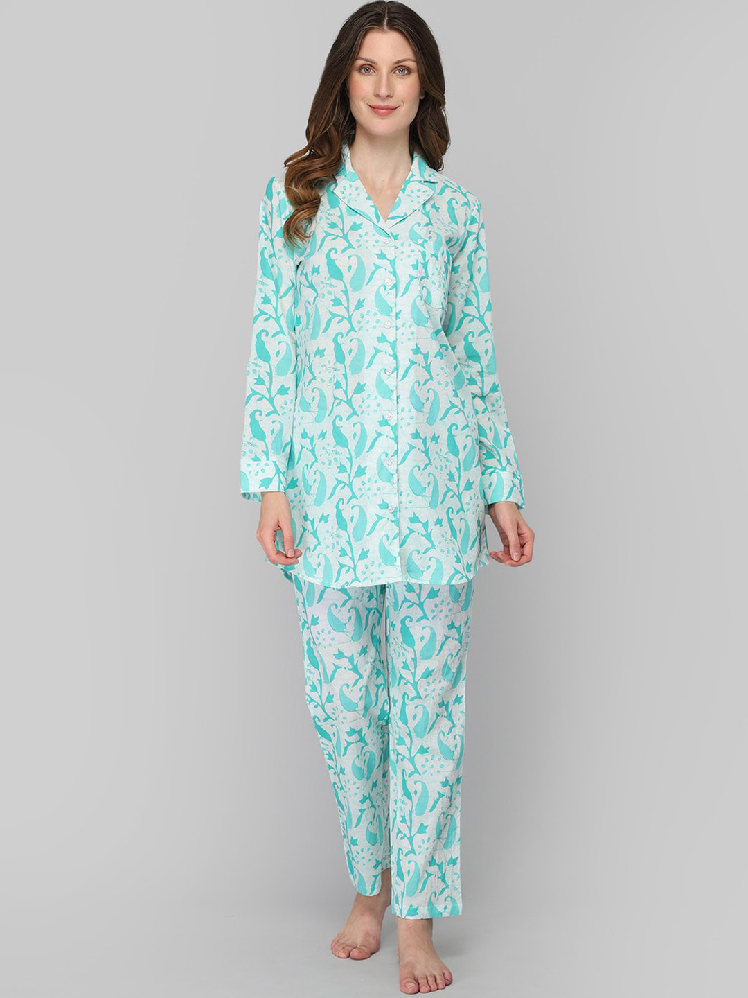 DRAPE IN VOGUE Women Sea Green & White Printed Night suit