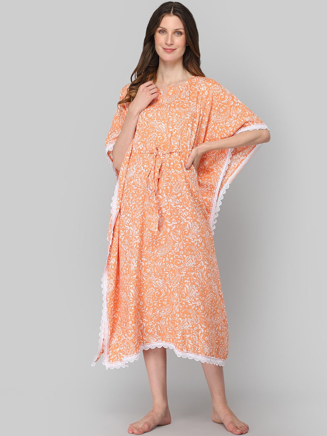 DRAPE IN VOGUE Women Orange Kaftan Night Suit