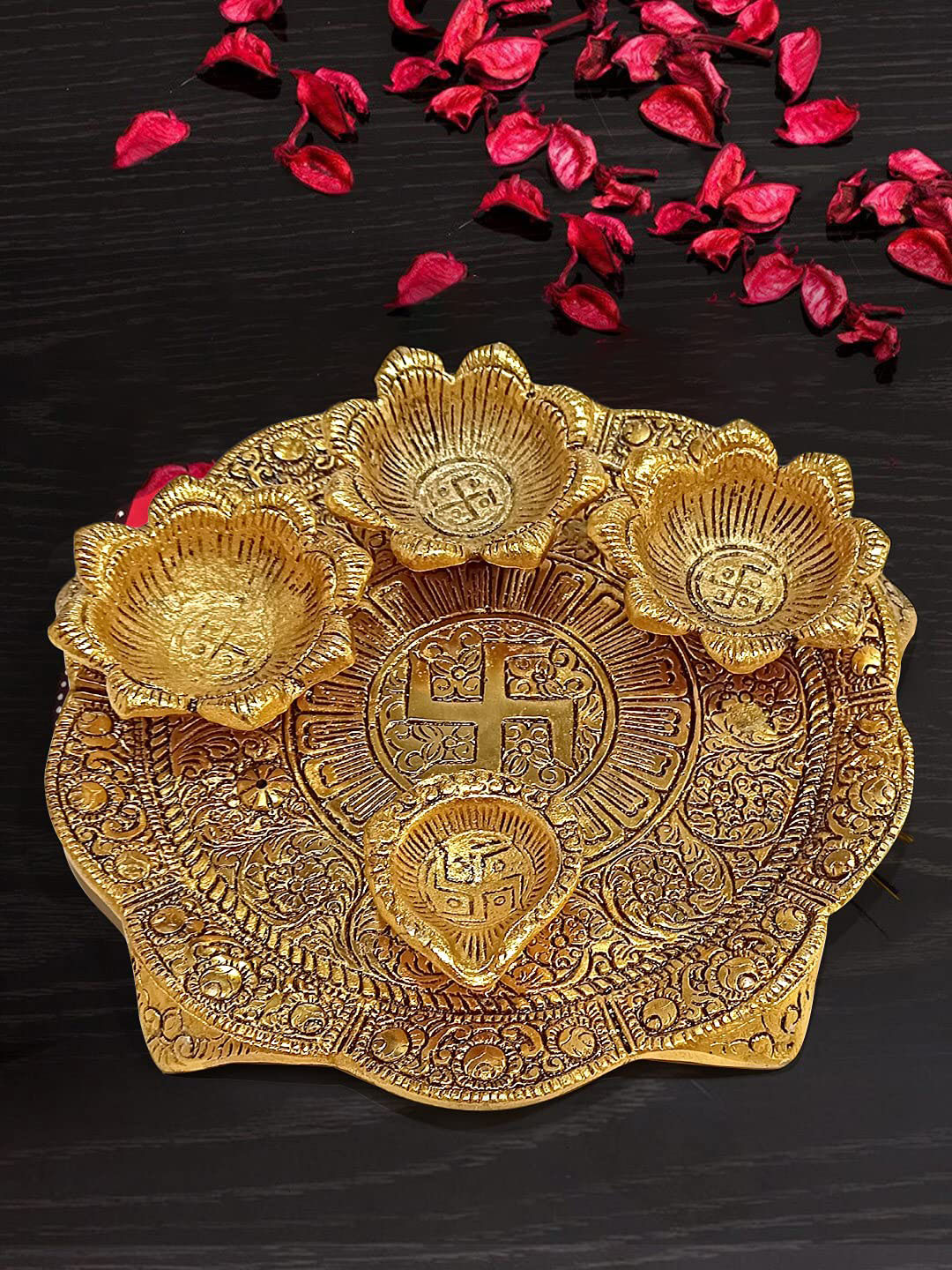 CraftVatika Pooja Thali with Diya Gold Metal Metallic Prayer Room Medium Showpiece - 4 Inches
