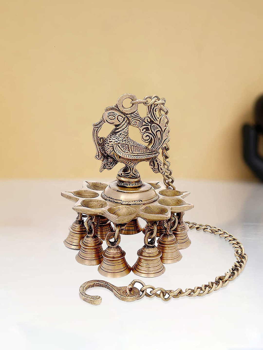 CraftVatika Peacock Oil Lamp Bronze Brass Metallic Prayer Room Large Showpiece - 9 Inches