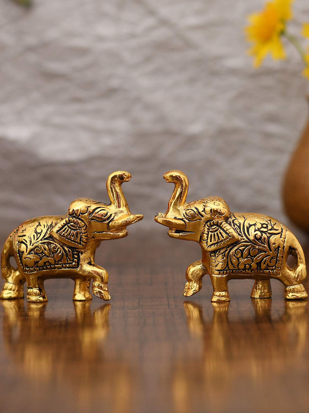 CraftVatika Set Of 2 Gold-Toned Textured Elephant Trunk Up Showpieces