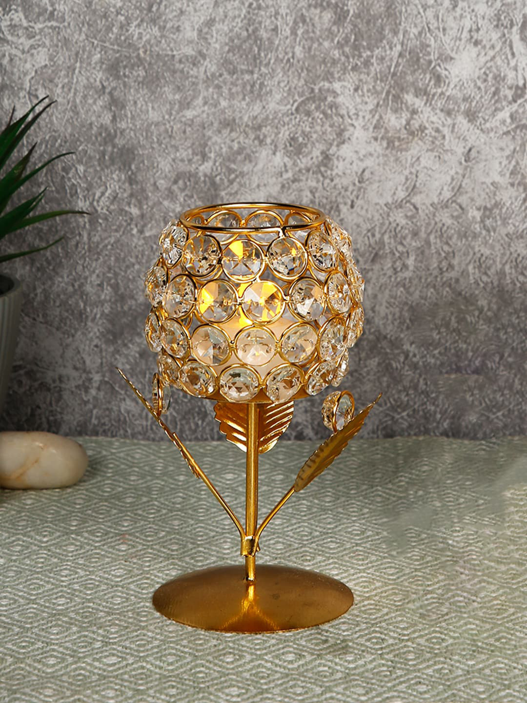 Craftvatika Adults Gold-Toned Metal & Crystal Rose Candle Holder Stand