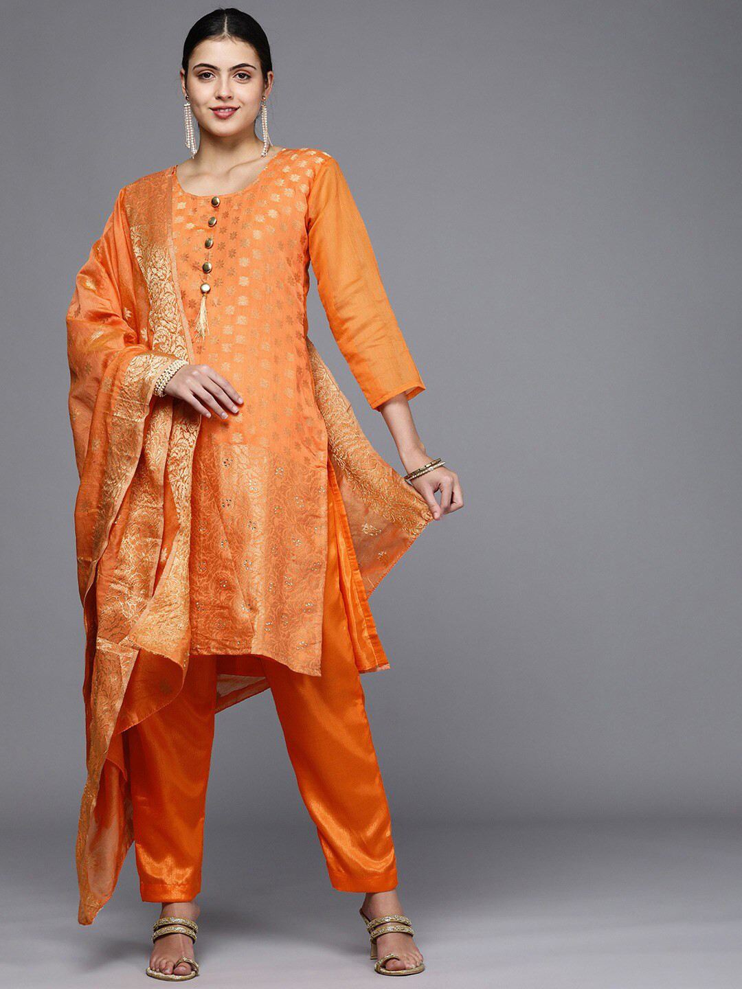 KALINI Orange & Gold-Toned Unstitched Dress Material