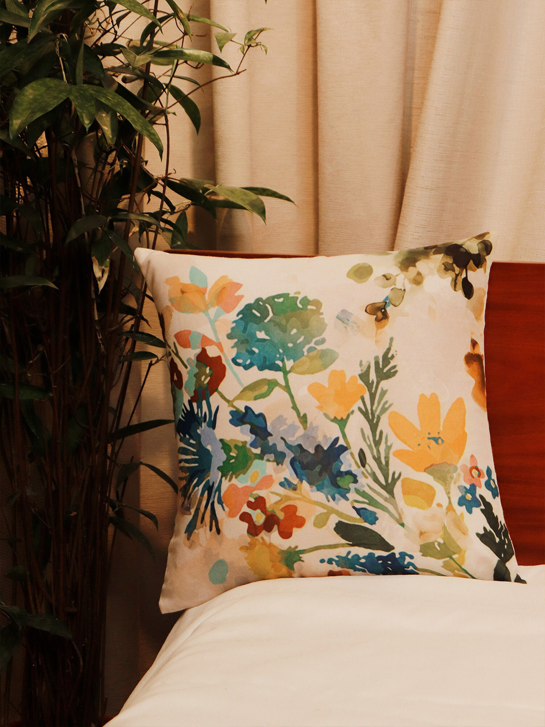 ZEBA Cream-Coloured & Green Floral Square Cushion Covers