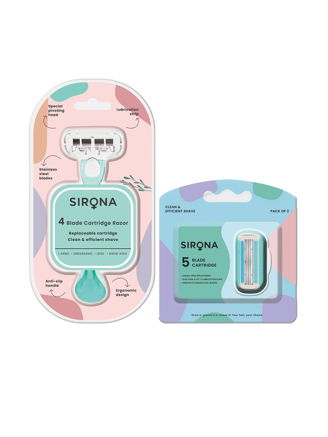 Sirona 4-Blade Hair Removal Razor with 2 Razor Cartridges Refills