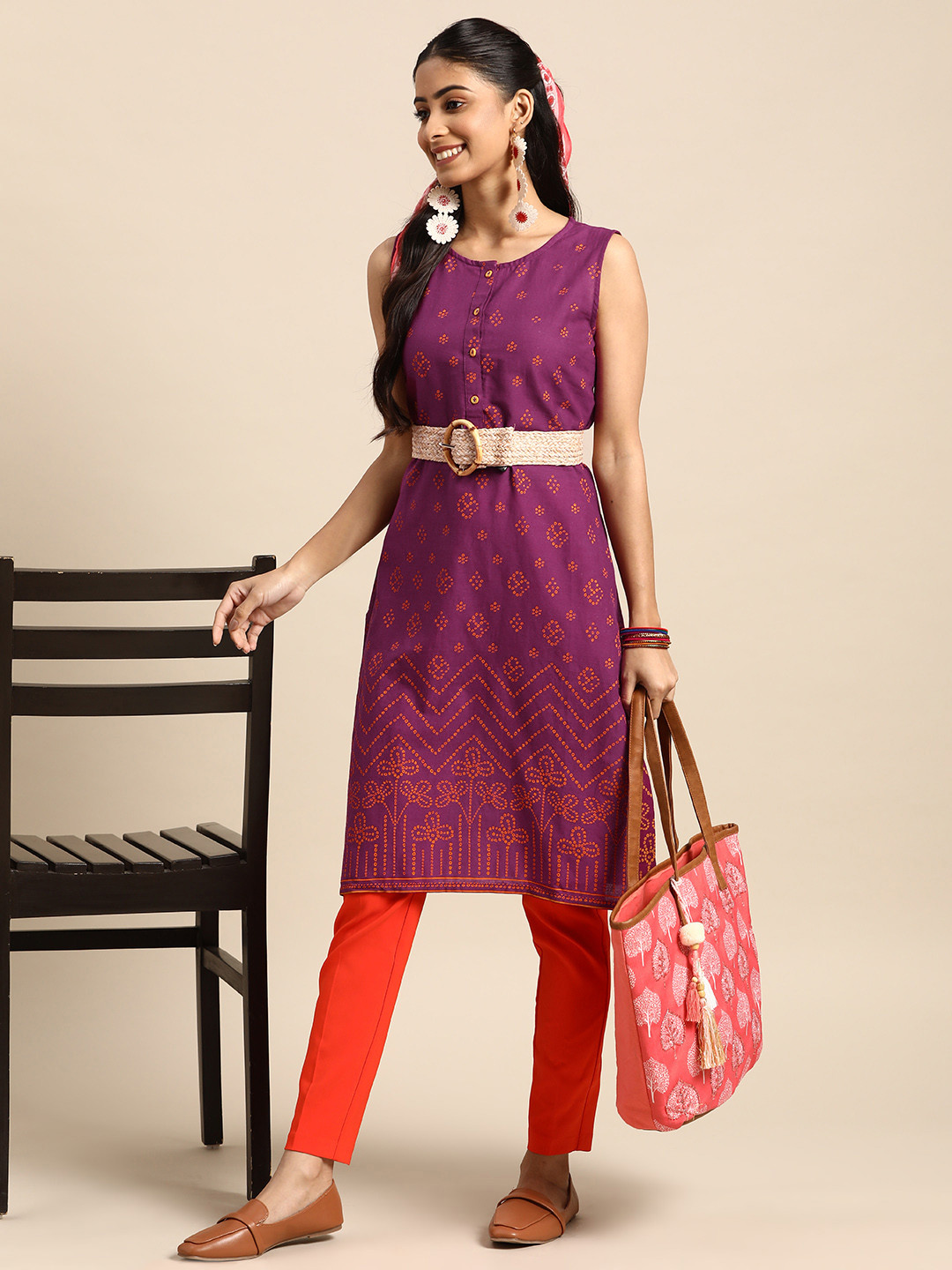 Sangria Women Voilet & Orange Geometric Printed Cotton Kurta