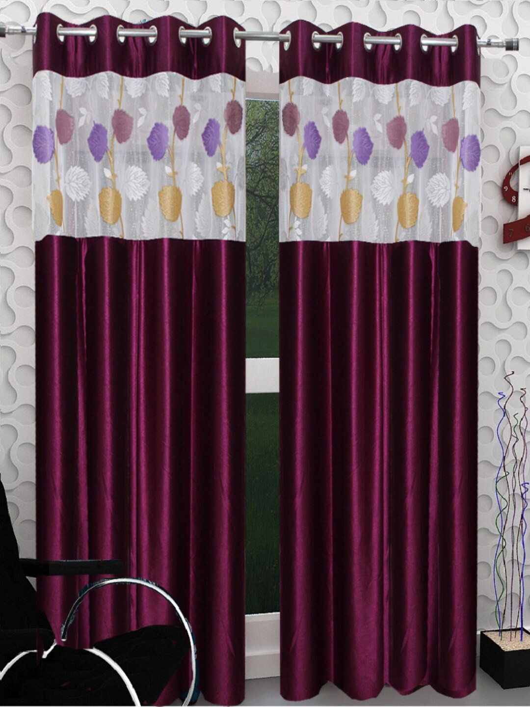 Homefab India Magenta & White Set of 2 Sheer Long Door Curtain