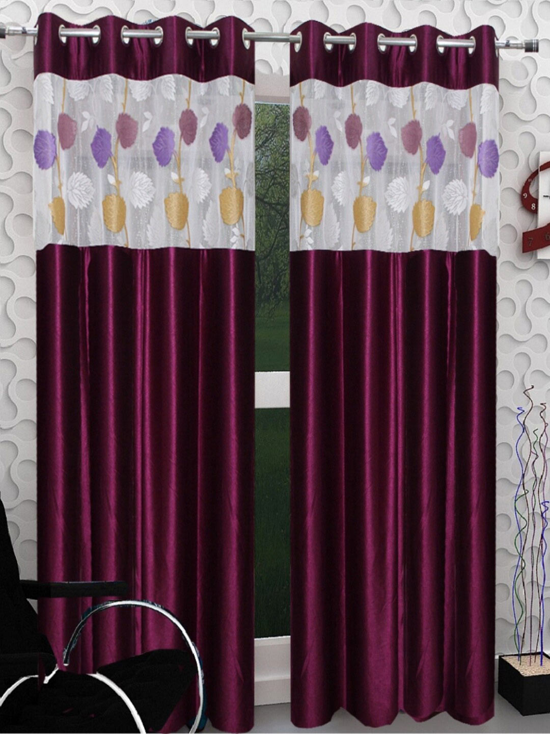 Homefab India Magenta & White Set of 2 Sheer Door Curtain