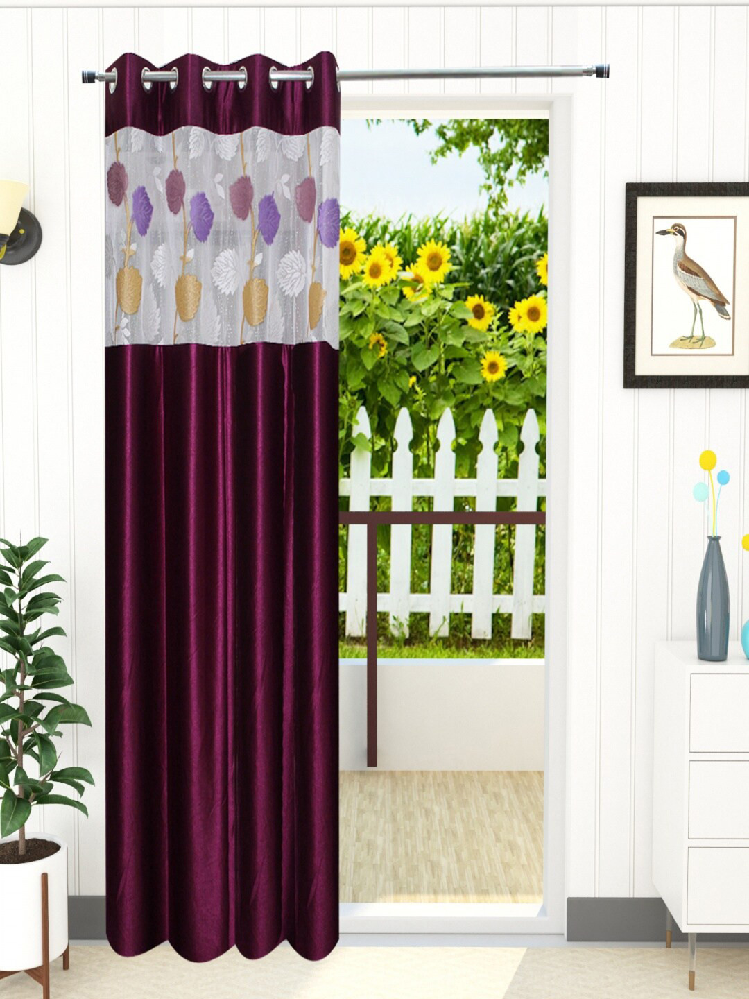 Homefab India Magenta & White Set of 2 Sheer Window Curtain