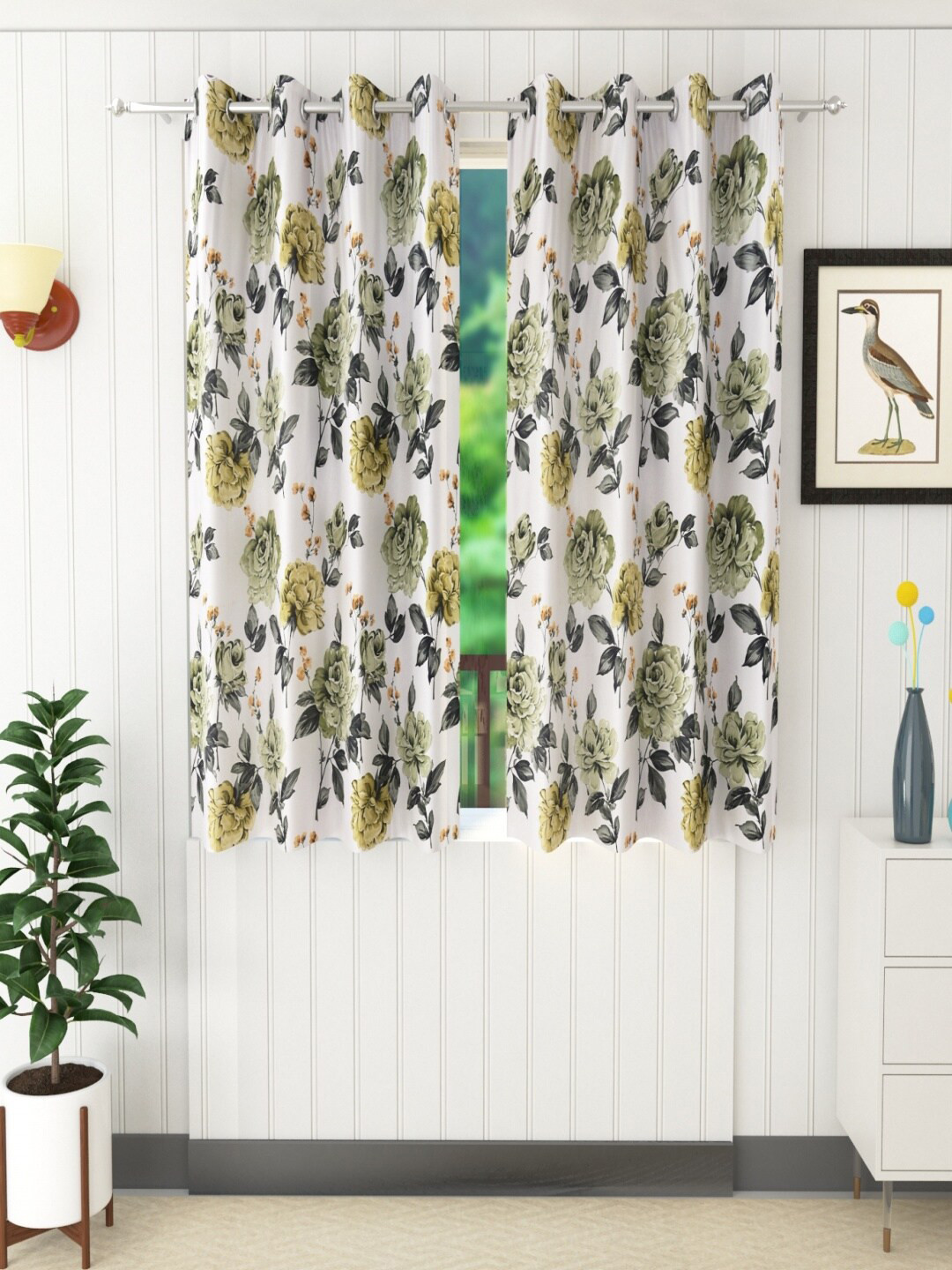 Homefab India Green & White Set of 2 Floral Room Darkening Window Curtain
