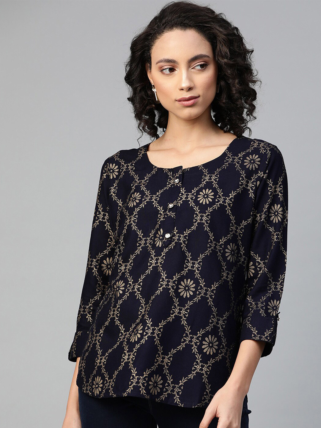 HIGHLIGHT FASHION EXPORT Women Navy Blue Print Top