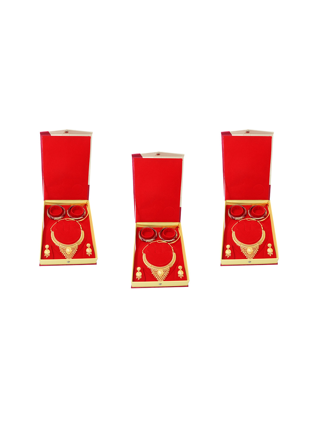 atorakushon Set Of 3 Cream-Colored & Red Solid Necklace Jewellery Storage Box
