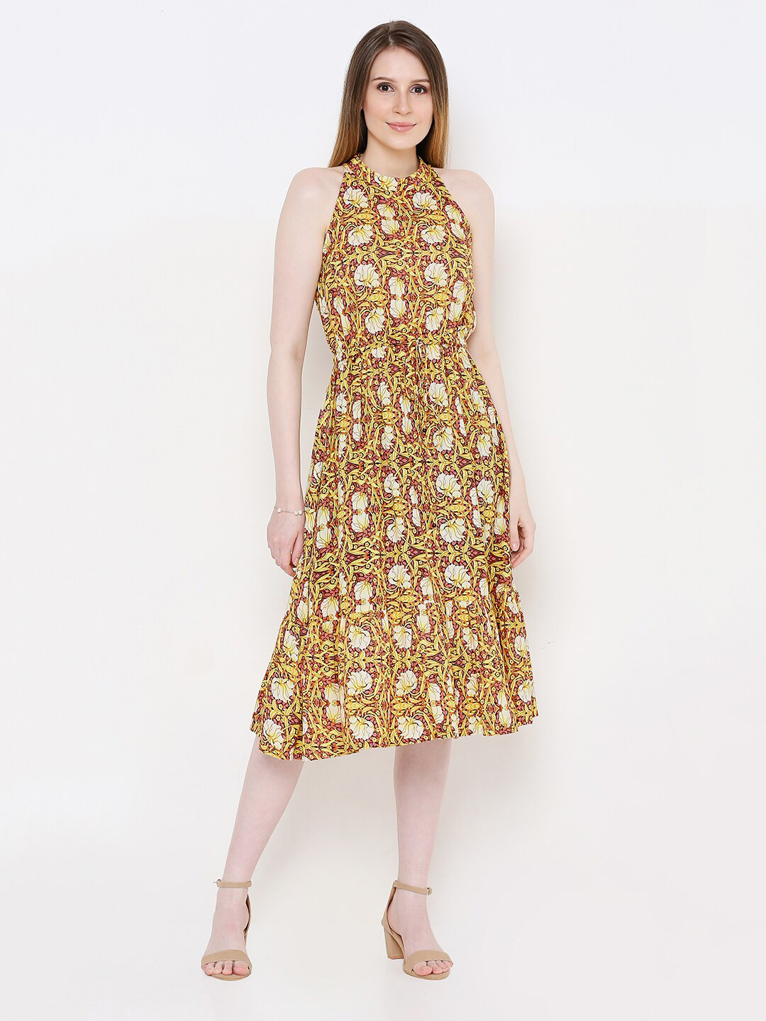 aturabi Yellow & Pink Floral A-Line Midi Dress