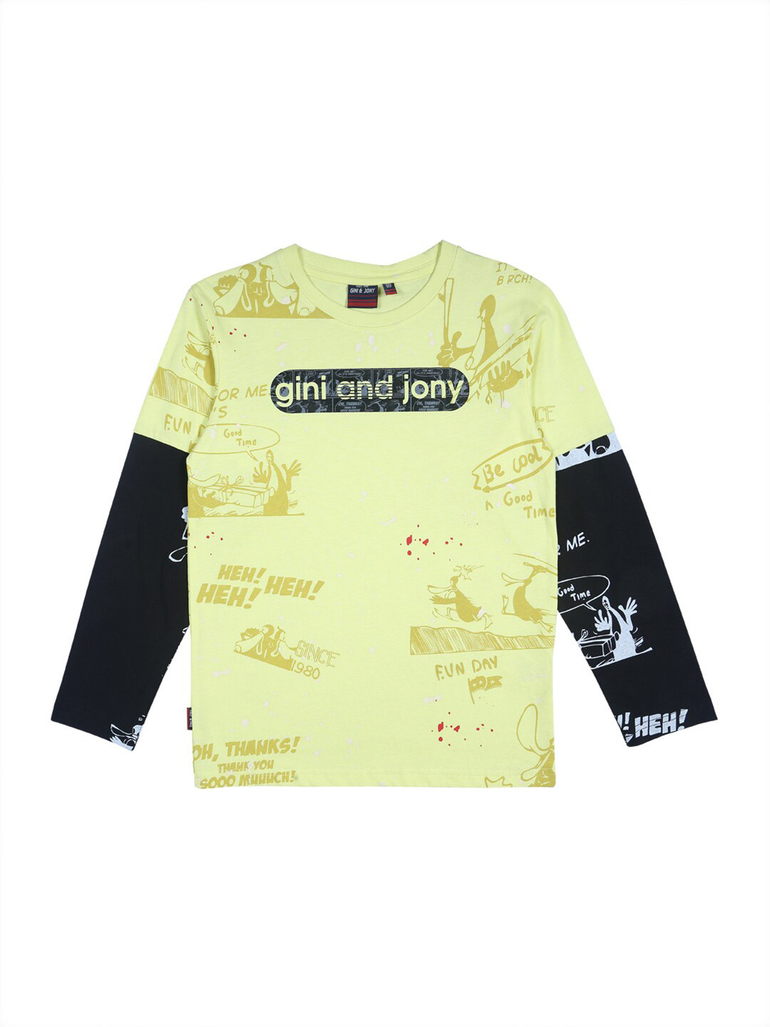 Gini and Jony Boys Yellow & Black Typography Printed Cotton T-shirt