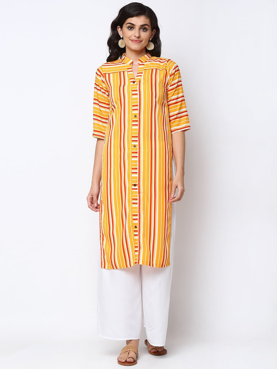 Aarsha Women Yellow Striped Crepe Kurta
