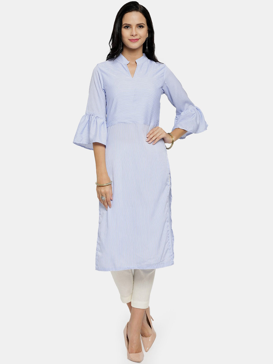 Aarsha Women Blue Striped Bell Sleeves Crepe Kurta