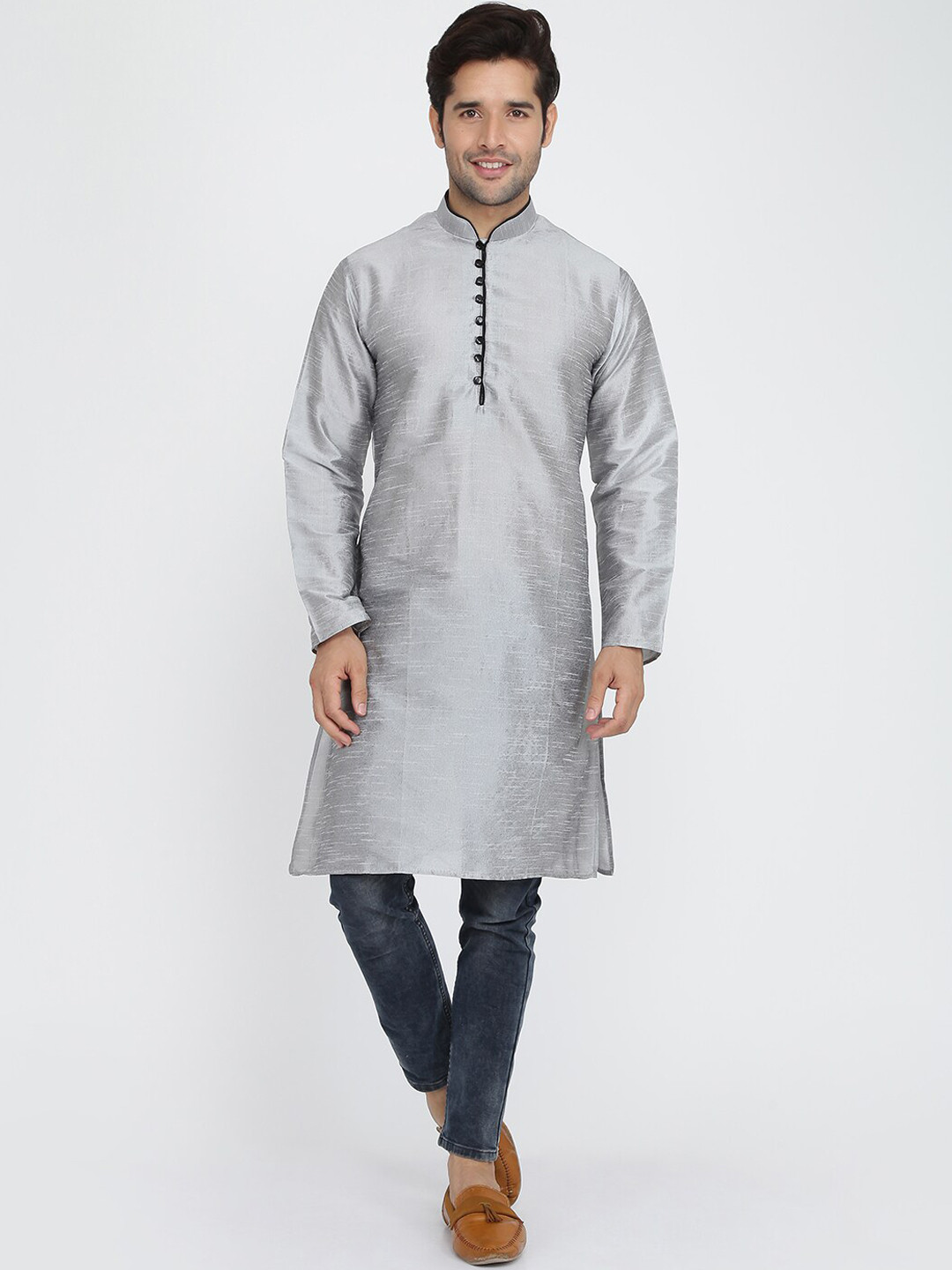 ROYAL KURTA Men Silver-Toned Solid Summer Sheers Kurta