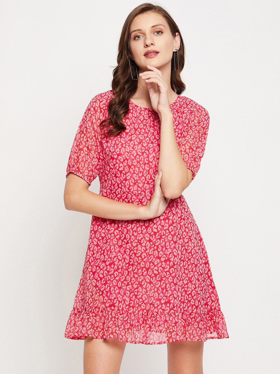JUNE & HARRY Pink Animal Georgette A-Line Dress