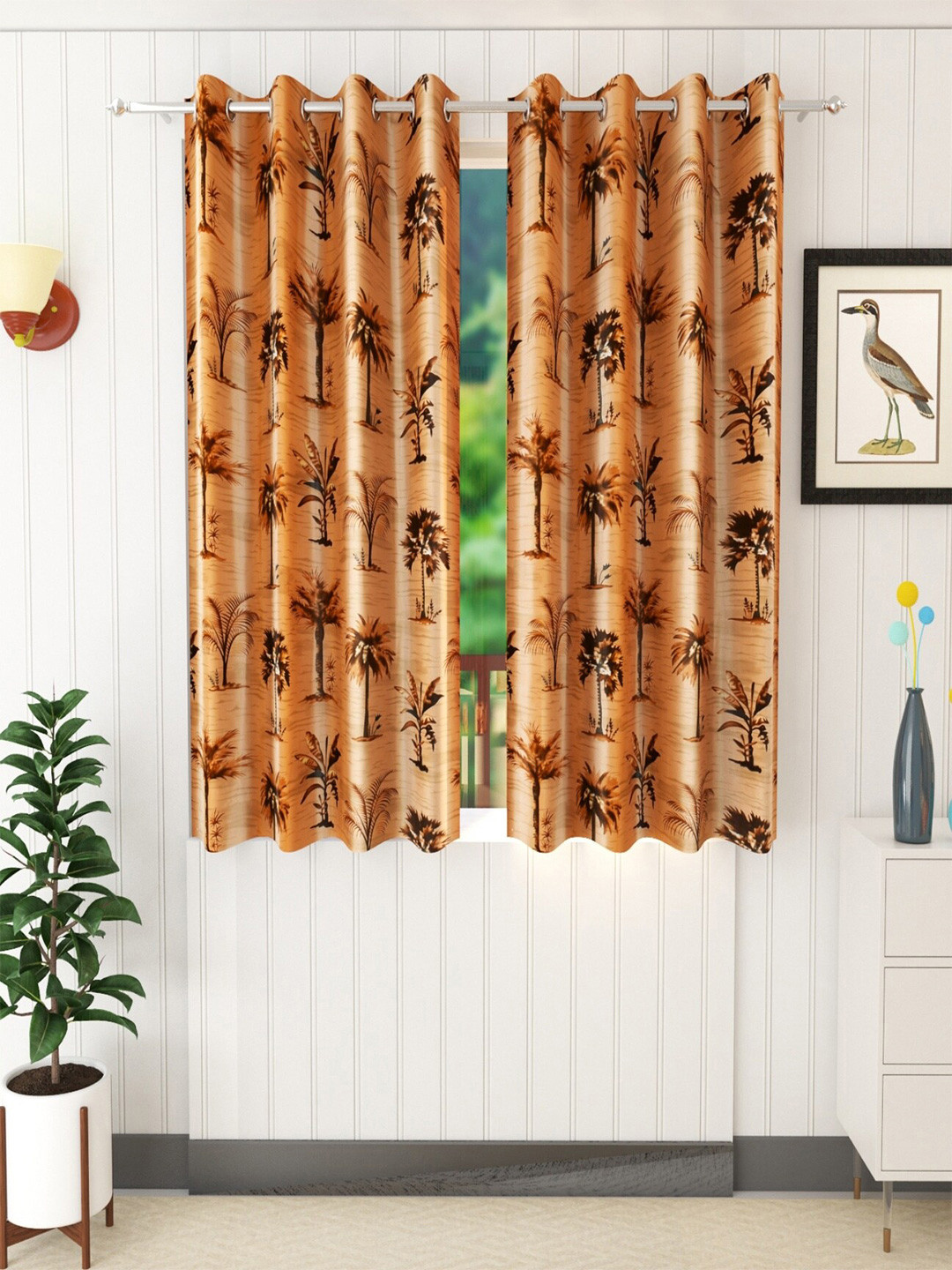 Homefab India Brown Set of 2 Floral Printed Window Curtains