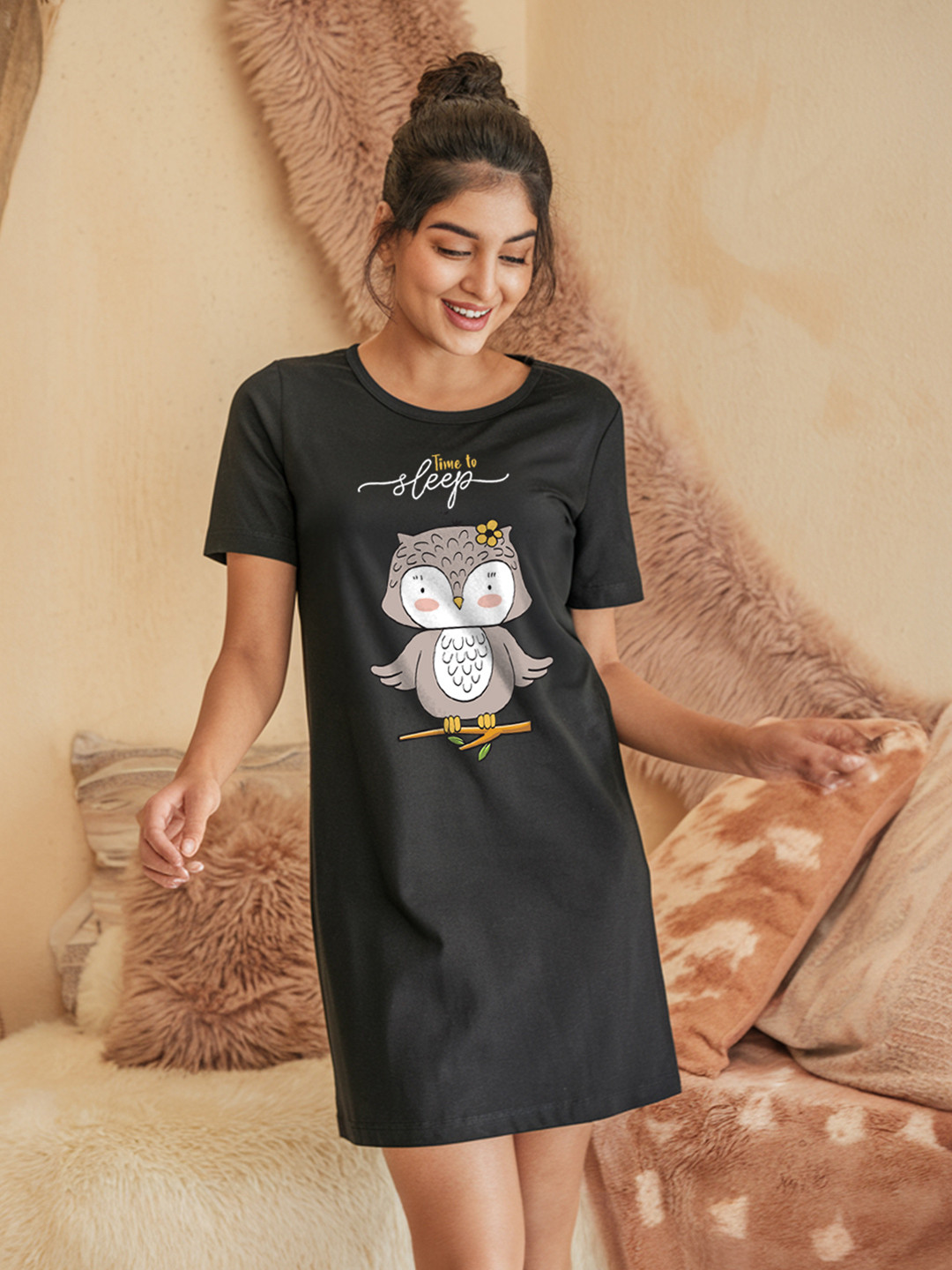 FFLIRTYGO Black Printed T-Shirt Nightdress