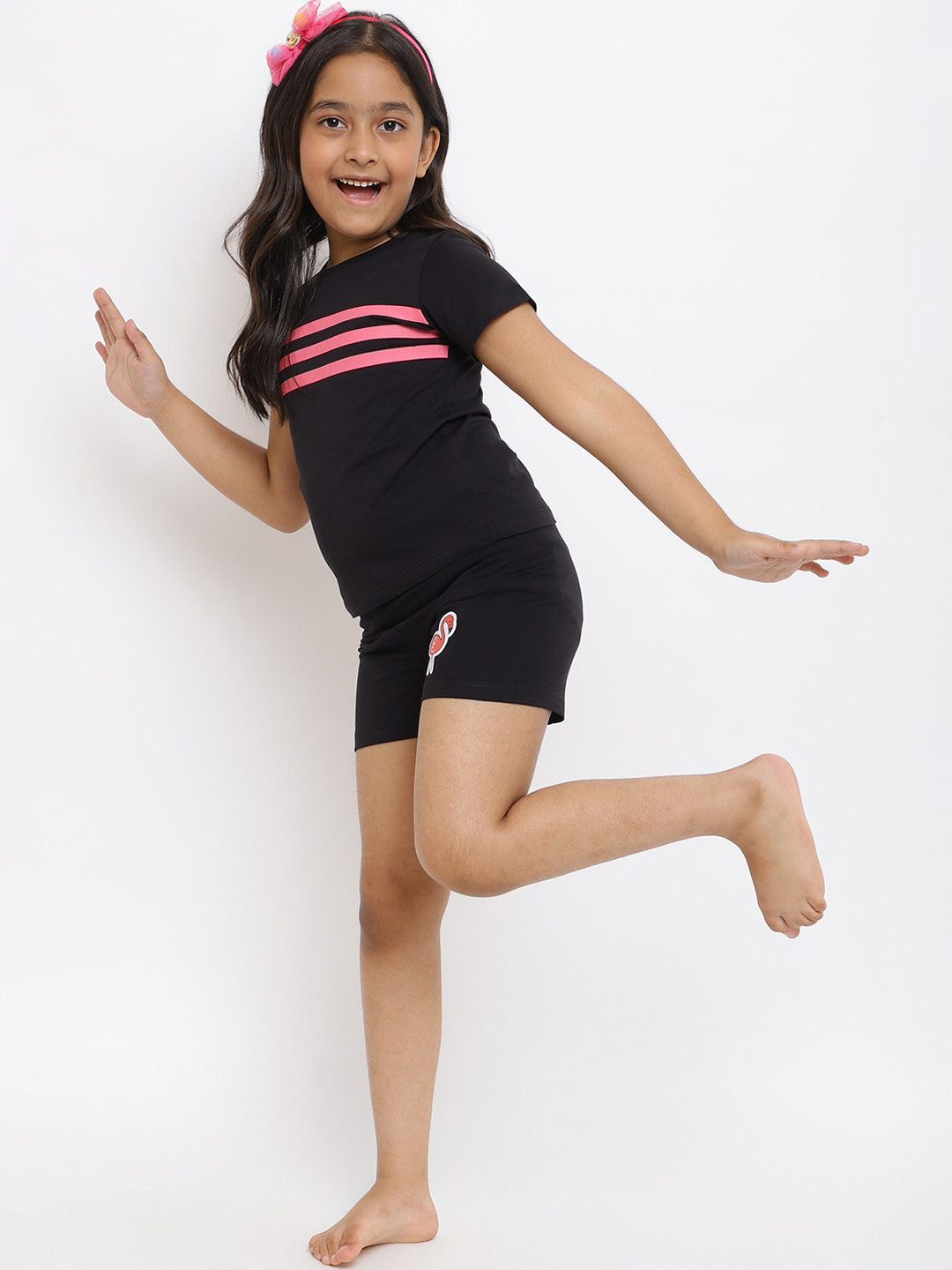 TALES & STORIES Girls Black & Pink Striped Pure Cotton Night suit