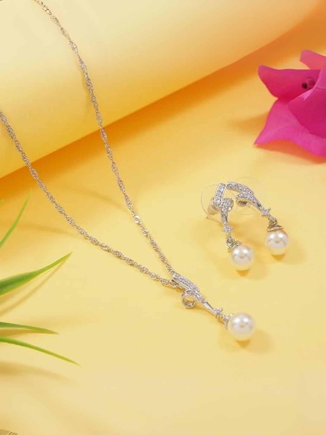 I Jewels White Rhodium-Plated American Diamond CZ Chain Pendent Necklace Set