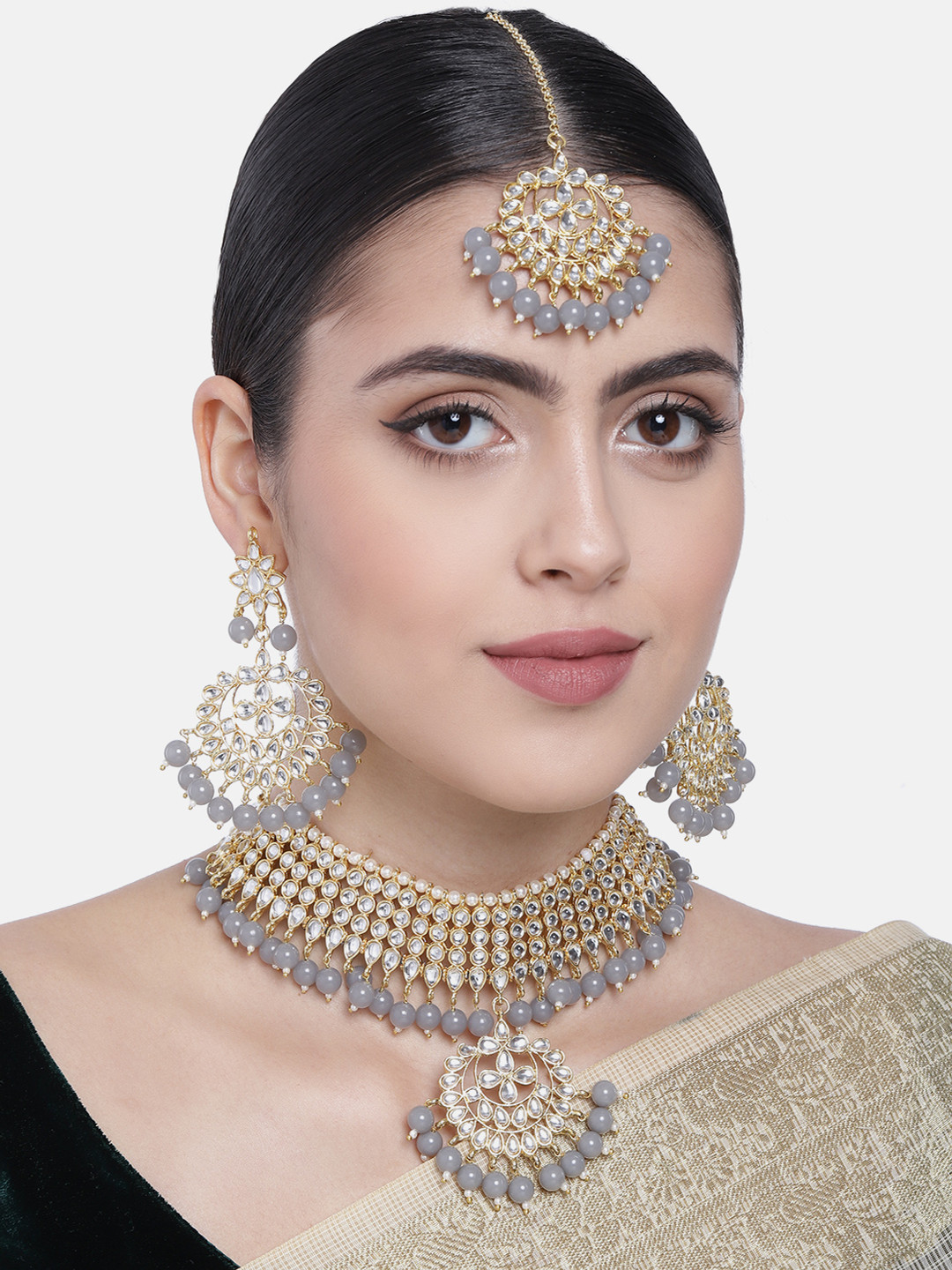 I Jewels Gold-Plated & Grey Kundan Studded Chocker Jewellery Set