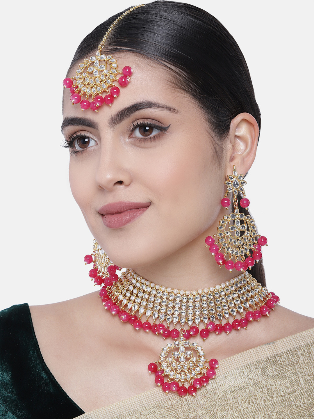 I Jewels Gold-Plated & Pink Kundan Studded Chocker Jewellery Set