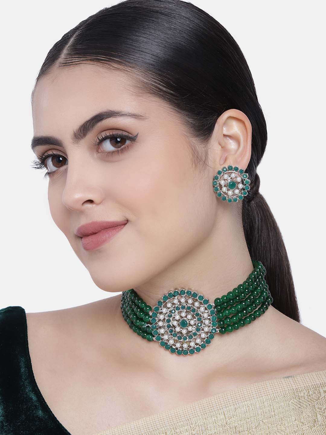 I Jewels Silver-Toned & Green Floral Studded Rhodium-Plated Choker Jewellery Set