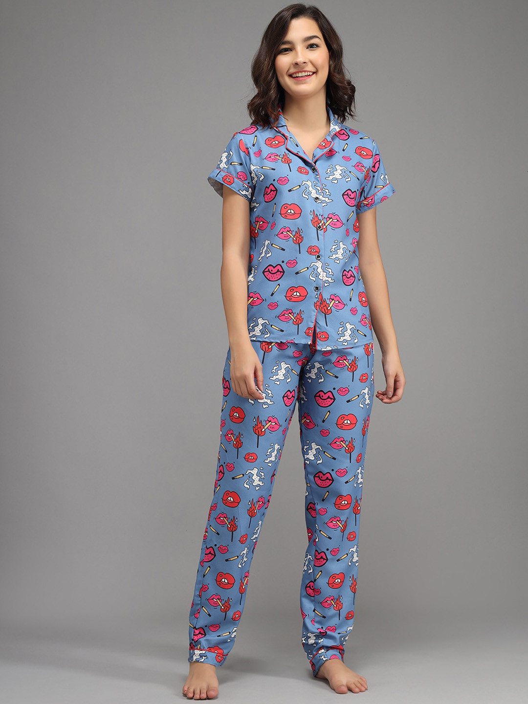 SEPHANI Women Blue & Pink Printed Night suit